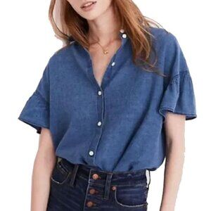 Madewell Central Linen Blend Button Down Ruffle Flutter Sleeve Shirt XS Indigo